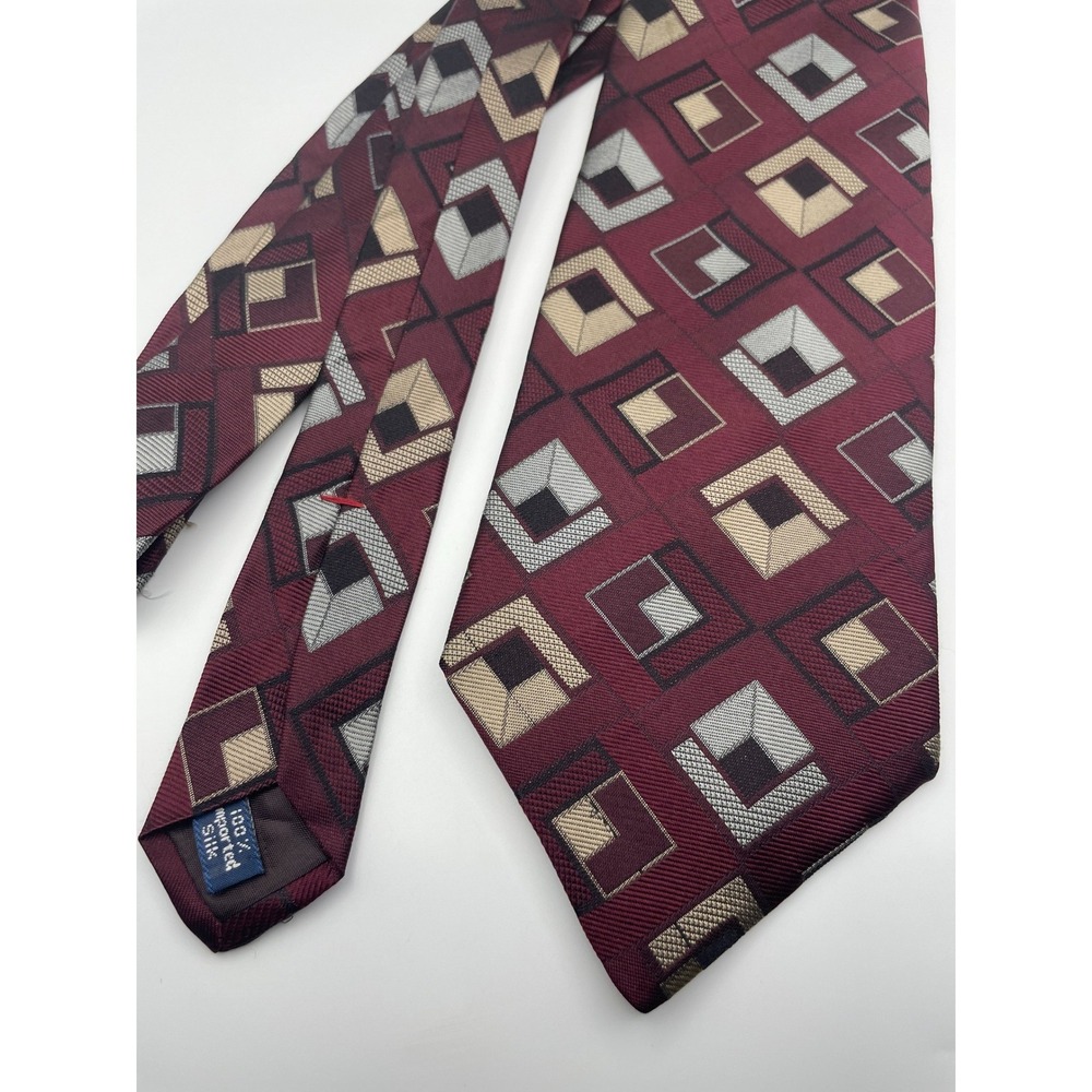 Zylos George Machado Mens Silk Necktie Burgundy Geometric Square Pattern Classic